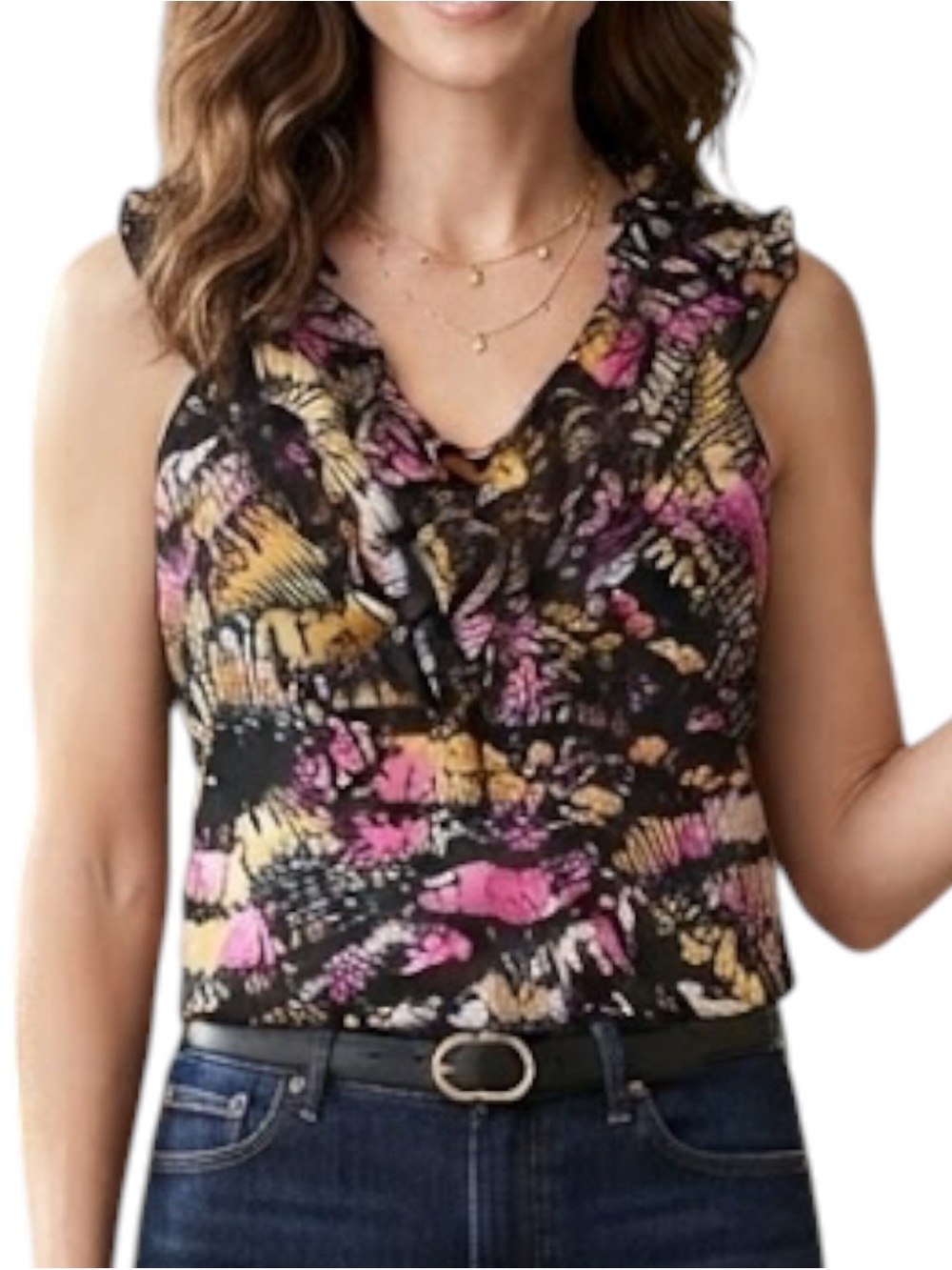 SPENSE Nordstrom Watercolor Ruffle Front Sleeveless Blouse Purple M